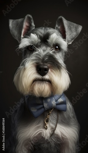 Stylish Humanoid Gentleman Dog in a Formal Well-Made Bow Tie at a Business Dance Party Ball Celebration - Realistic Portrait Illustration Art Showcasing Cute and Cool Miniature Schnauzer generative AI