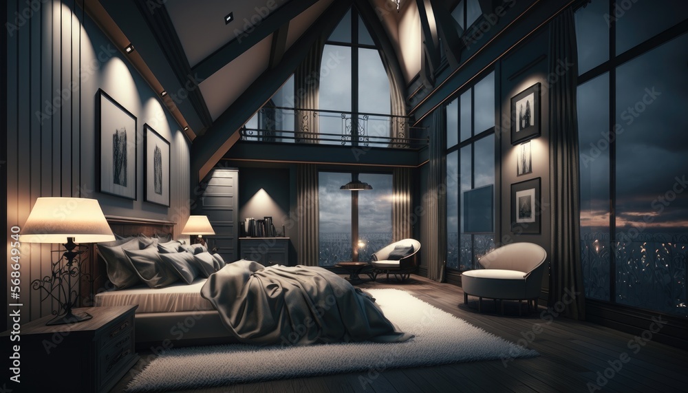 Luxury penthouse bedroom at night, ai generative Luxury penthouse bedroom at night, ai generative