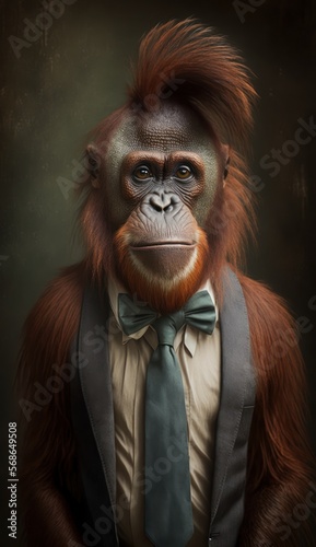 Stylish Humanoid Gentleman Animal in a Formal Well-Made Bow Tie at a Business Dance Party Ball Celebration - Realistic Portrait Illustration Art Showcasing Cute and Cool Orangutan (generative AI)