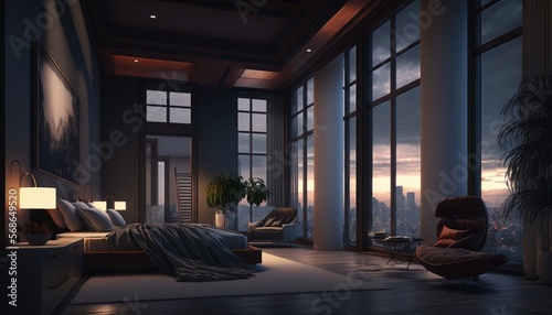 Luxury penthouse bedroom at night, ai generative © NikoArakelyan