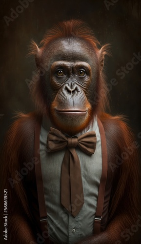 Stylish Humanoid Gentleman Animal in a Formal Well-Made Bow Tie at a Business Dance Party Ball Celebration - Realistic Portrait Illustration Art Showcasing Cute and Cool Orangutan   generative AI 