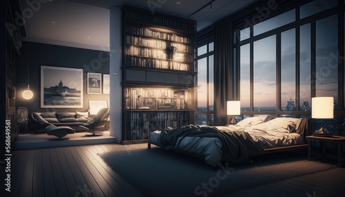 Luxury penthouse bedroom at night, ai generative