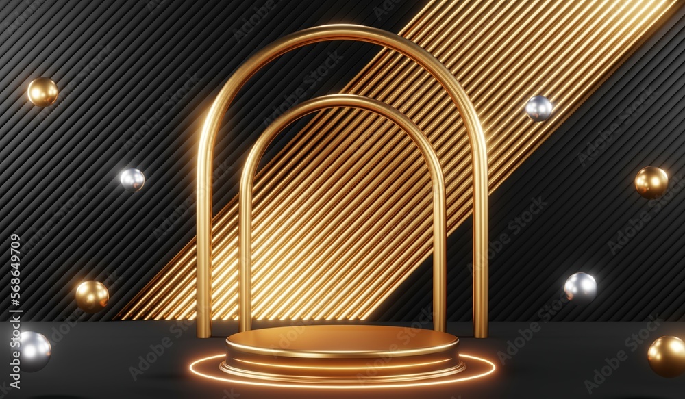 3d render black podium background showcases a premium, minimal and modern design with a combination of geometric shapes, golden glitter and a realistic studio room setting, creating a perfect platform 3d render black podium background showcases a premium, minimal and modern design with a combination of geometric shapes, golden glitter and a realistic studio room setting, creating a perfect platform