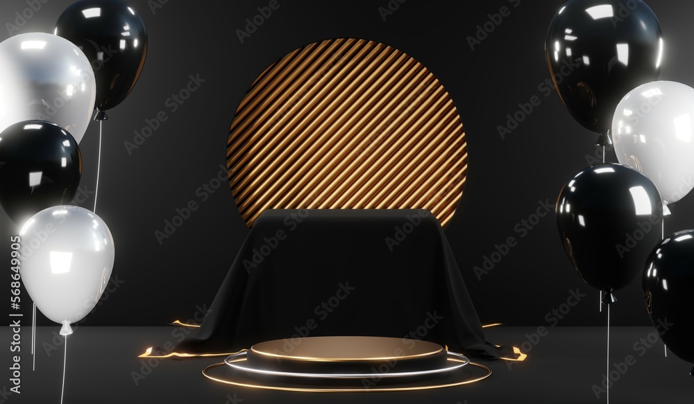 3d render black podium background showcases a premium, minimal and modern design with a combination of geometric shapes, golden glitter and a realistic studio room setting, creating a perfect platform