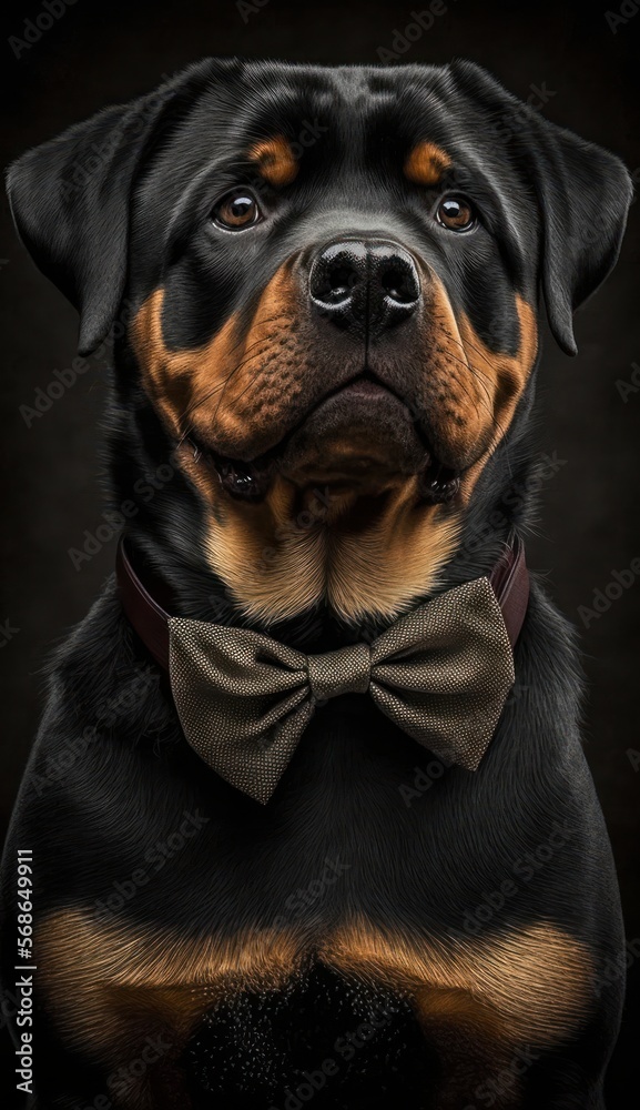 Obraz premium Stylish Humanoid Gentleman Dog in a Formal Well-Made Bow Tie at a Business Dance Party Ball Celebration - Realistic Portrait Illustration Art Showcasing Cute and Cool Rottweiler (generative AI)