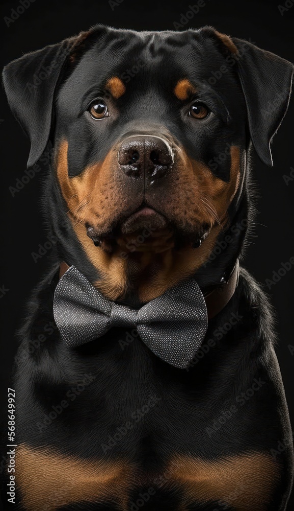 Fototapeta premium Stylish Humanoid Gentleman Dog in a Formal Well-Made Bow Tie at a Business Dance Party Ball Celebration - Realistic Portrait Illustration Art Showcasing Cute and Cool Rottweiler (generative AI)