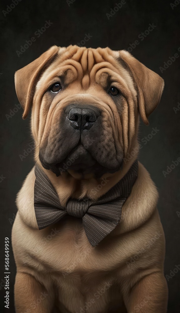 Stylish Humanoid Gentleman Dog in a Formal Well-Made Bow Tie at a Business Dance Party Ball Celebration - Realistic Portrait Illustration Art Showcasing Cute and Cool Shar Pei  (generative AI)
