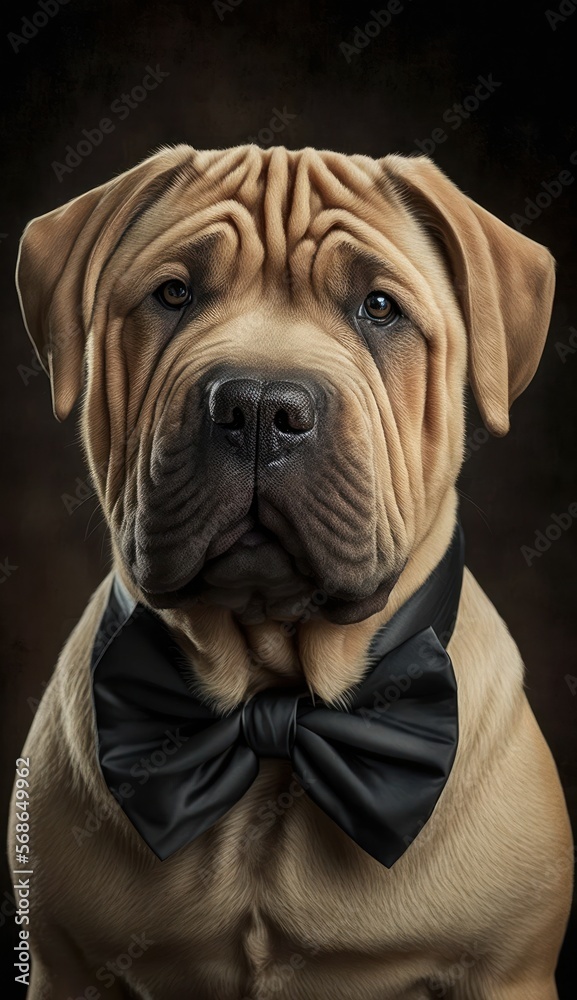 Stylish Humanoid Gentleman Dog in a Formal Well-Made Bow Tie at a Business Dance Party Ball Celebration - Realistic Portrait Illustration Art Showcasing Cute and Cool Shar Pei  (generative AI)