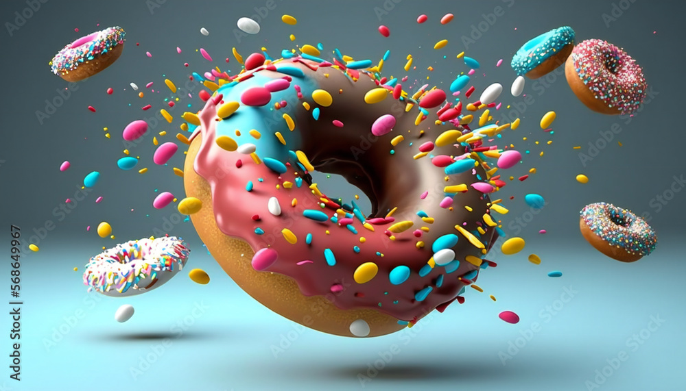 sprinkled, donuts, doughnuts with sprinkles isolate on color background, 3d rendering, generative ai
