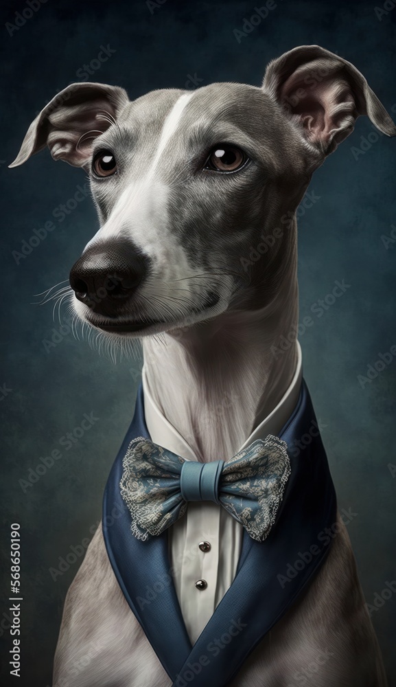 Stylish Humanoid Gentleman Dog in a Formal Well-Made Bow Tie at a Business Dance Party Ball Celebration - Realistic Portrait Illustration Art Showcasing Cute and Cool Whippet  (generative AI)