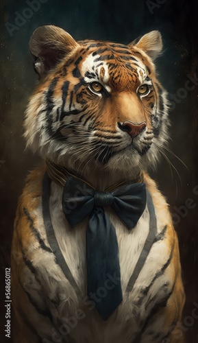 Stylish Humanoid Gentleman Animal in a Formal Well-Made Bow Tie at a Business Dance Party Ball Celebration - Realistic Portrait Illustration Art Showcasing Cute and Cool Tiger   generative AI 