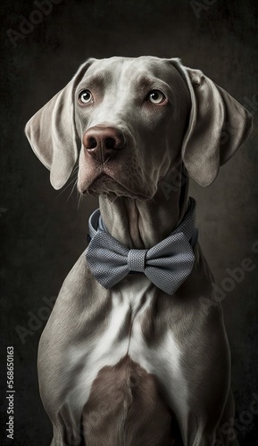 Stylish Humanoid Gentleman Dog in a Formal Well-Made Bow Tie at a Business Dance Party Ball Celebration - Realistic Portrait Illustration Art Showcasing Cute and Cool Weimaraner   generative AI 