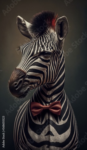 Stylish Humanoid Gentleman Animal in a Formal Well-Made Bow Tie at a Business Dance Party Ball Celebration - Realistic Portrait Illustration Art Showcasing Cute and Cool Zebra   generative AI 