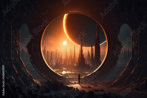 Alien city under a vantablack sun, epic sci-fi 4k by multiple artists. AI Generative photo