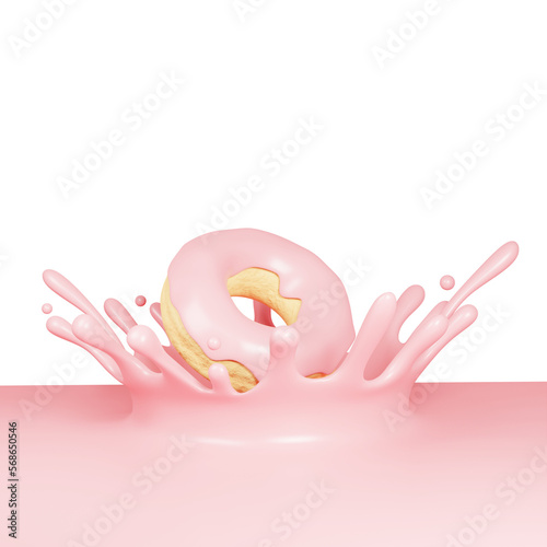 donut and pink liquid splash 3d render with transparent background