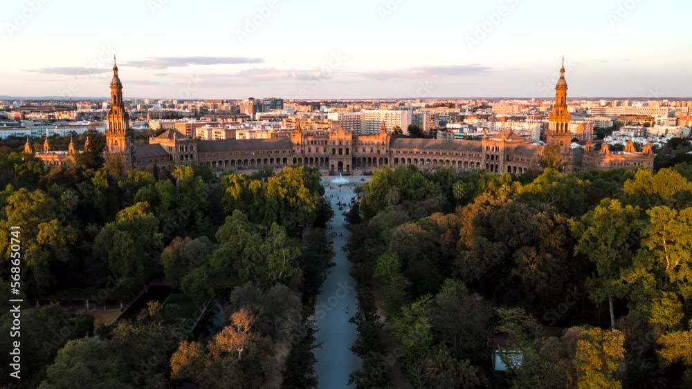 Aerial hyperlapse of the Plaza de España in Sevilla, Spain during sunset. Aerial hyperlapse of the Plaza de España in Sevilla, Spain during sunset.