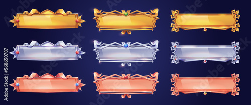 Medieval buttons, ui game menu elements, gold metal oblong banners and ornate rims. Empty royal gui bars for rpg or arcade, golden borders, web design interface Cartoon 3d vector illustration, set