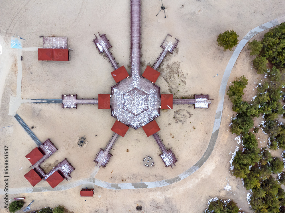 Aerial view landscape. Wind rose in Bledowska desert Poland. Trees, sand , building.