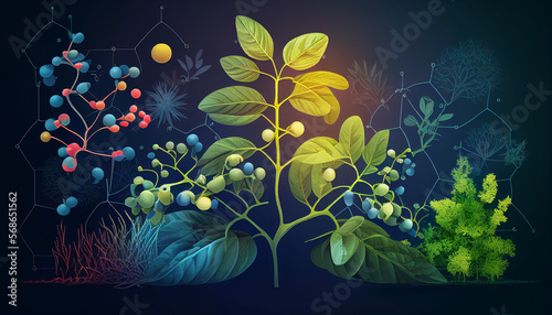 Biology laboratory nature and science, plant and environmental study, DNA, gene therapy, and plants with biochemistry structures on white backgrounds. Generative AI © BornHappy