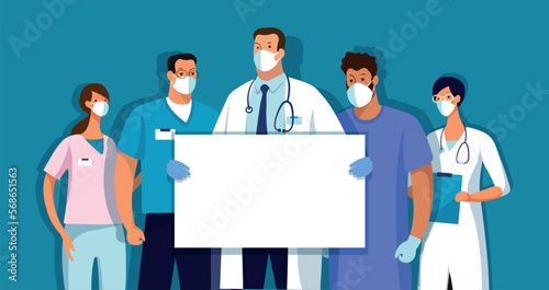 Medical team with a banner, place for text. Template for the design of the hospital, ambulance. Thanks to the doctors. Flat cartoon vector illustration.