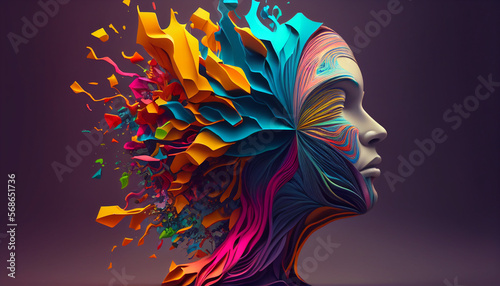 Concept art of a human brain exploding with knowledge and creativity. Colorful human head with art ink splash about ideas, innovation, and technology. generative ai © BornHappy