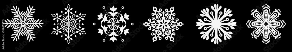 snowflake freeze winter white simple icon on black background. Royalty high-quality free stock collection of Snowflake symbols, Snowflake sign, Snow icon set. Macro photo of snow crystal
