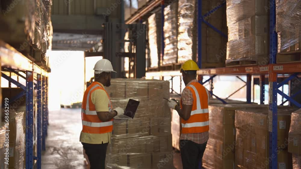 Teamwork of Black workers working in large warehouse store industry.Rack of stock storage. Interior of cargo in ecommerce and logistic concept. Depot. People lifestyle. Shipment service for container Teamwork of Black workers working in large warehouse store industry.Rack of stock storage. Interior of cargo in ecommerce and logistic concept. Depot. People lifestyle. Shipment service for container
