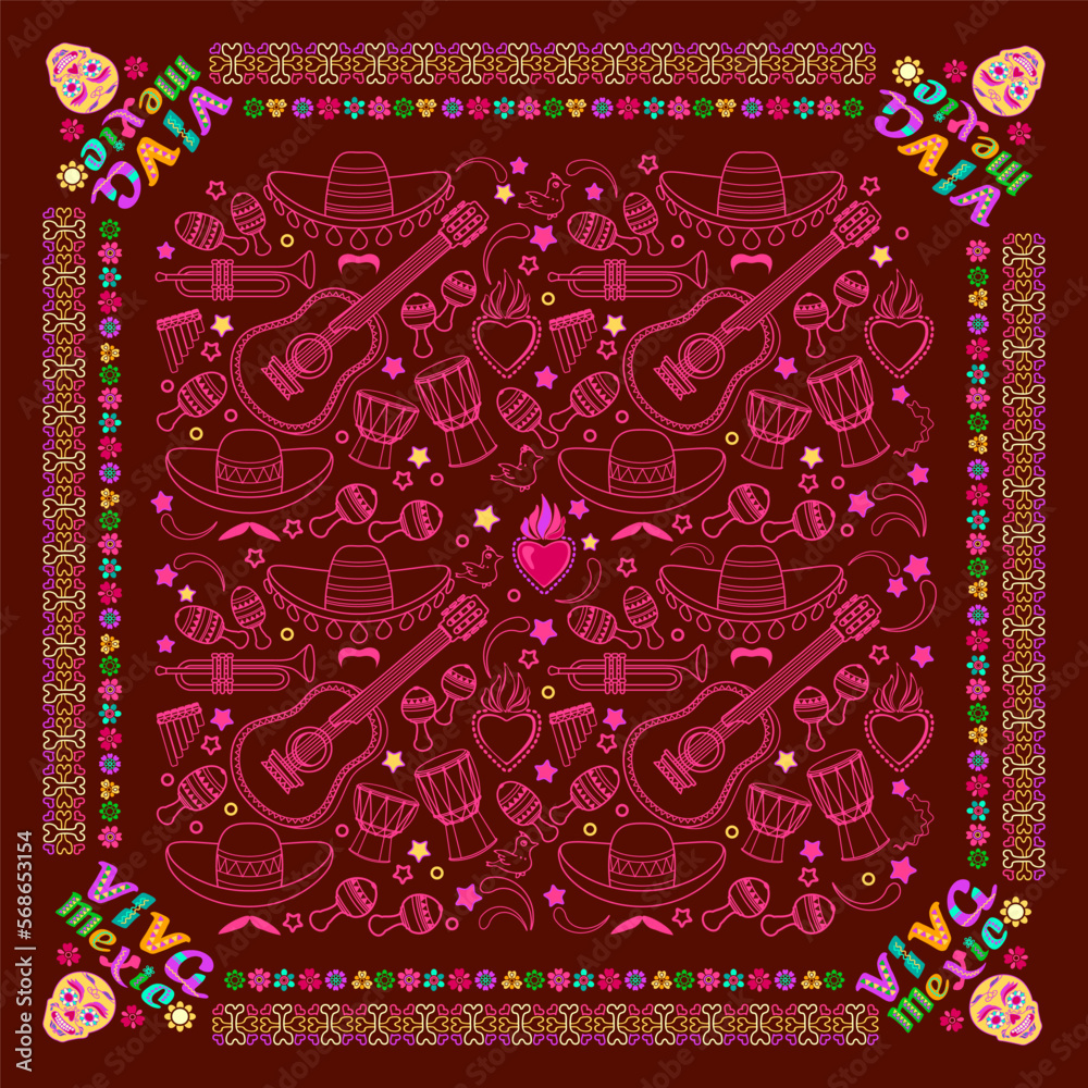 Mexican square pattern. Words Viva Mexico and symbols. Bandana. Vector.