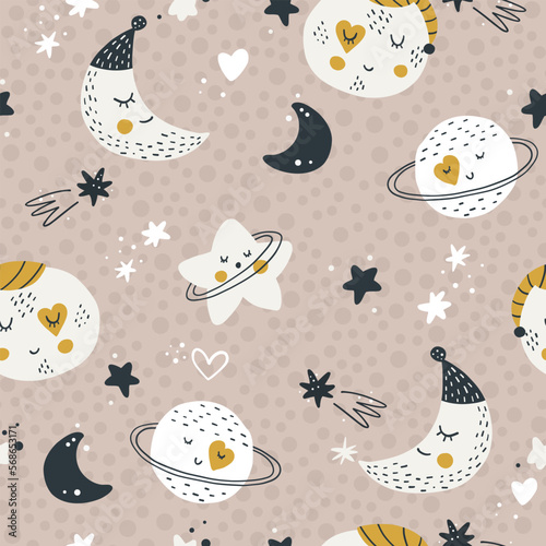 Nursery seamless pattern with planets and stars. Vector background with cute baby shower elements in simple hand-drawn Scandinavian cartoon doodle style. Limited pastel palette for printing