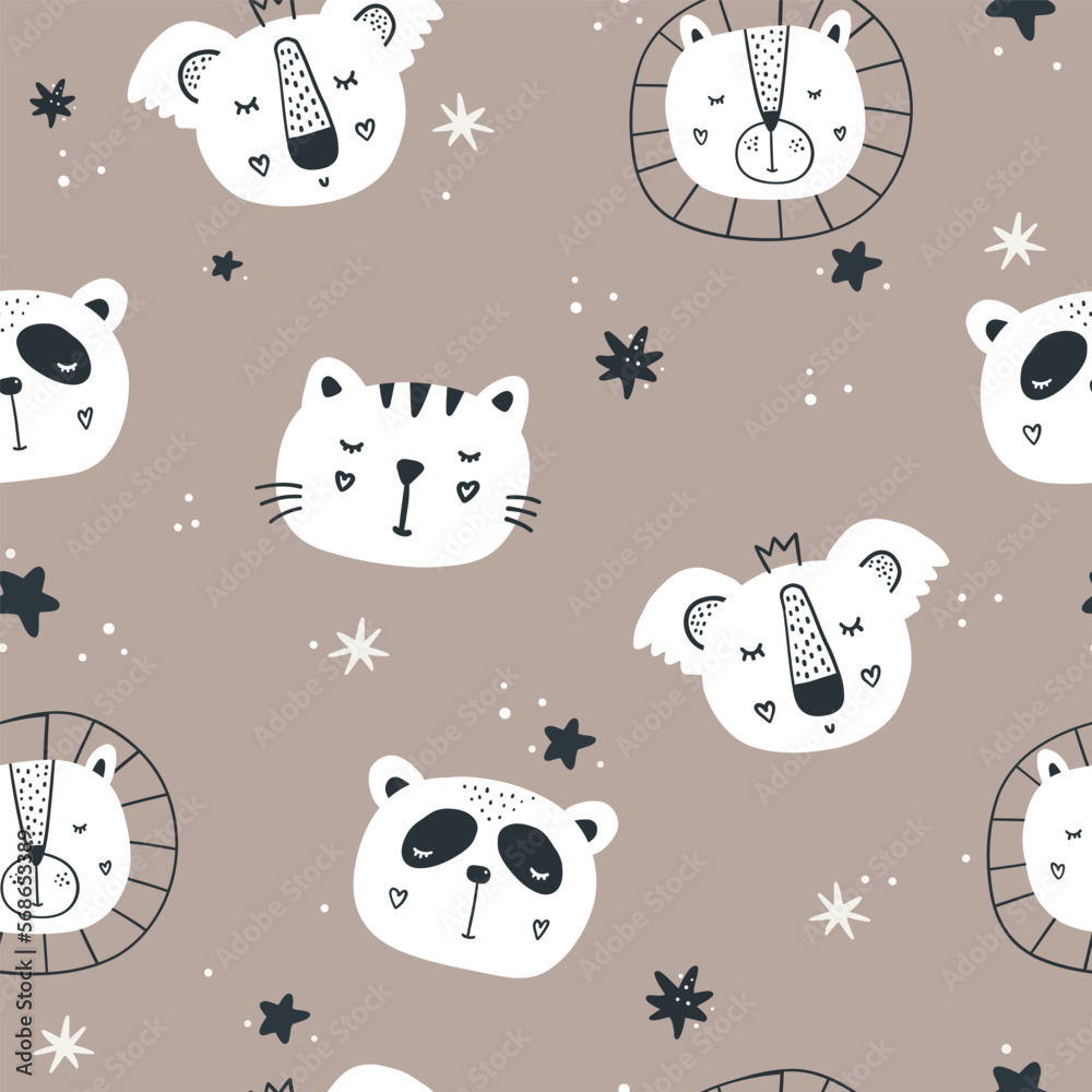 Nursery seamless pattern with animal heads. Cute characters with stars. Baby cartoon vector in simple hand-drawn Scandinavian style. Nursery illustration on a pastel palette Nursery seamless pattern with animal heads. Cute characters with stars. Baby cartoon vector in simple hand-drawn Scandinavian style. Nursery illustration on a pastel palette