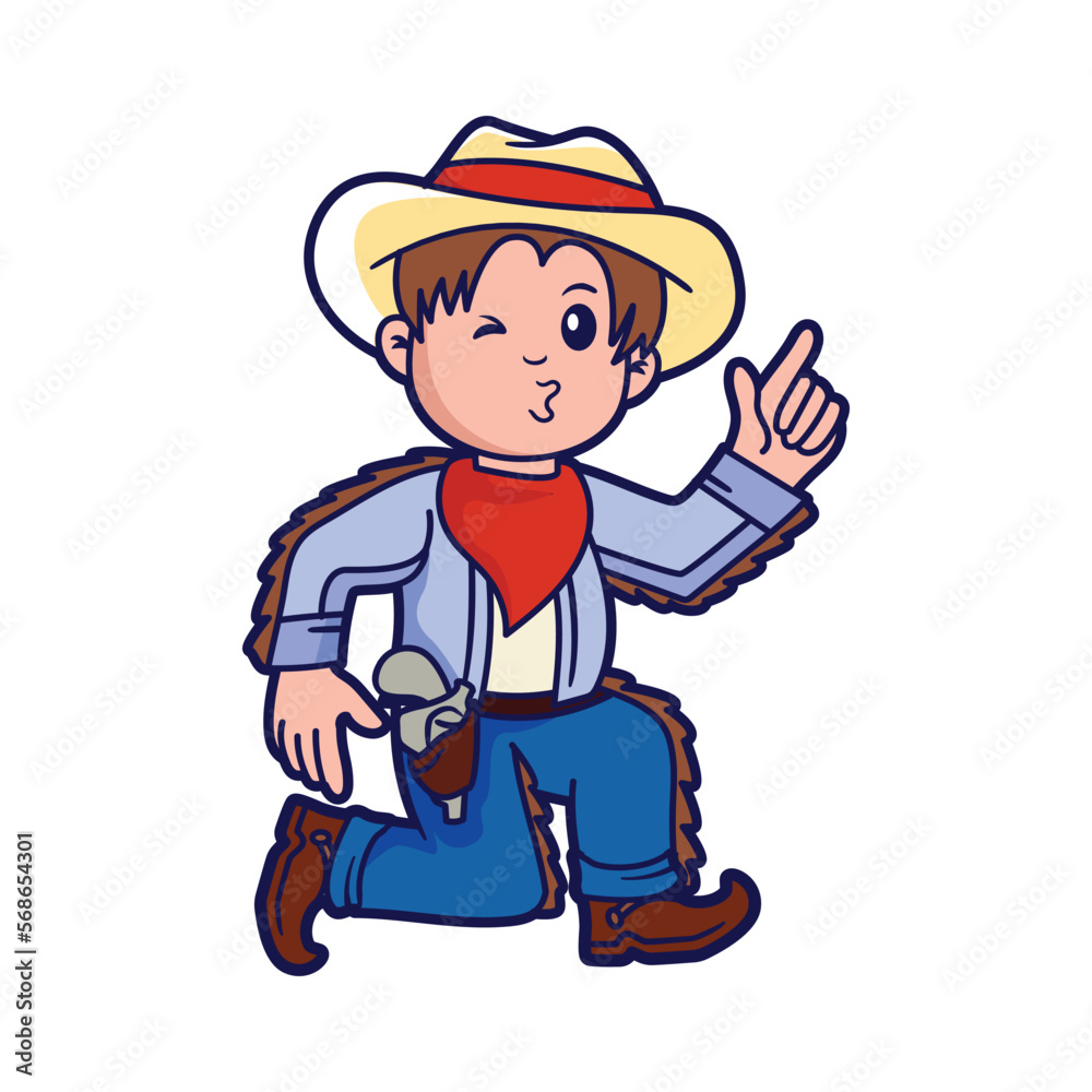 Cute kid in a cowboy costume, vector cartoon illustration Cute kid in a cowboy costume, vector cartoon illustration
