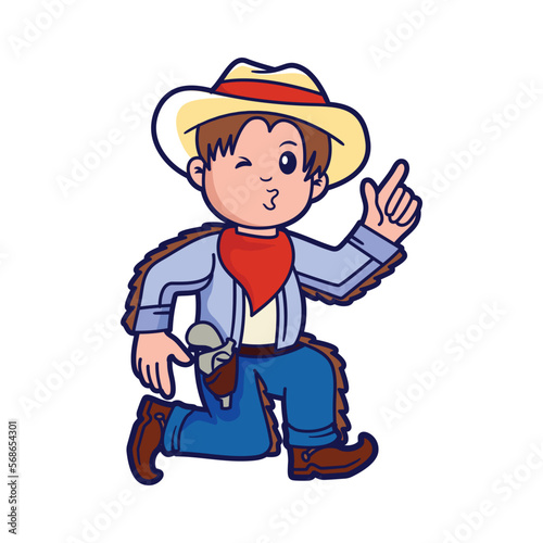 Cute kid in a cowboy costume, vector cartoon illustration