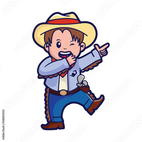 Cute kid in a cowboy costume, vector cartoon illustration