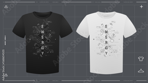 Men's t-shirt with futuristic print mockup. Front view. Vector template. Cyber Hud Design print.