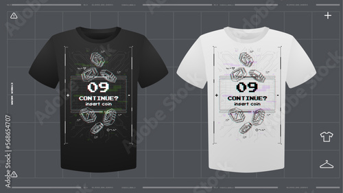 Men's t-shirt with futuristic print mockup. Front view. Vector template. Cyber Hud Design print.