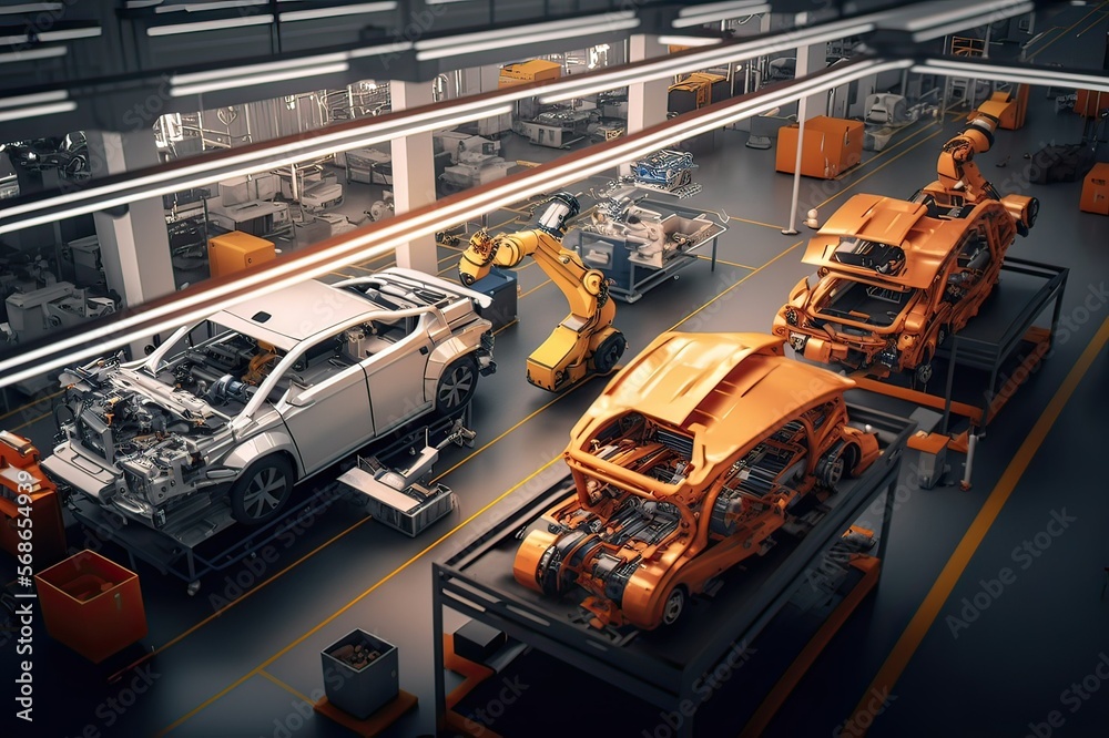 Innovative Automation: High-Angle View of Cars on Production Line in Factory. Photo AI Innovative Automation: High-Angle View of Cars on Production Line in Factory. Photo AI