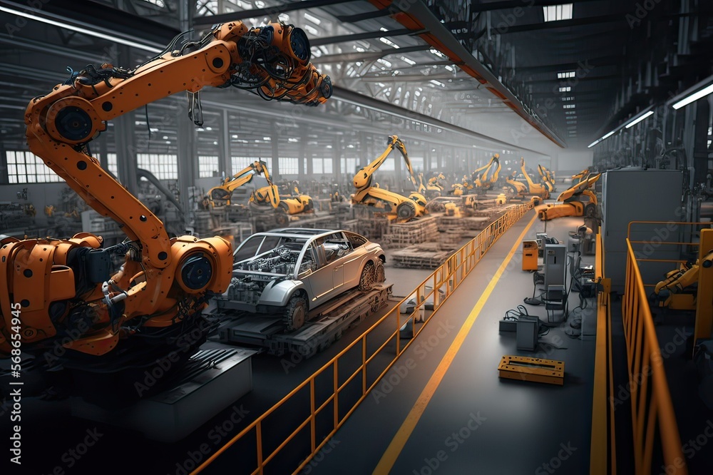 Innovative Automation: High-Angle View of Cars on Production Line in Factory. Photo AI Innovative Automation: High-Angle View of Cars on Production Line in Factory. Photo AI