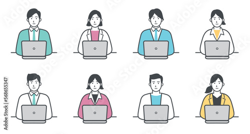 パソコンを操作するビジネスパーソンのイラストセット