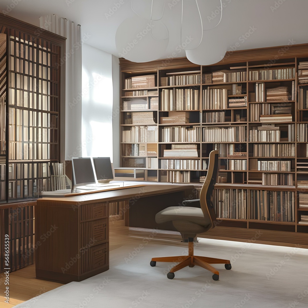 A minimalist home office with a large desk and a wall of built-in shelves2, Generative AI