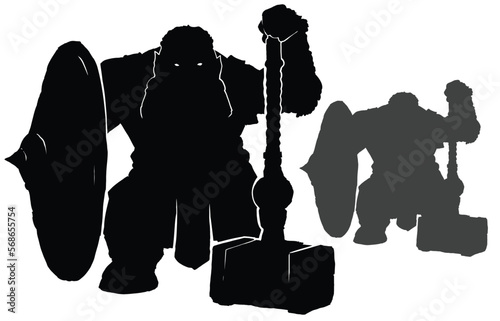 The black silhouette of a brutal dwarf with a hammer on which he leans with a muscular arm and a shield in his hand, he has wide shoes, long mustache, he is almost square. 2d vector art