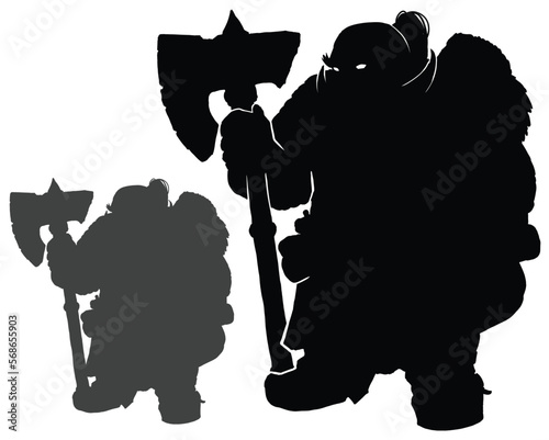 The black silhouette of a brutal dwarf with an axe in his hand, he has a large hiking bag on his back, wide boots, a tail on his head and a mustache, he is respectfully square. 2d vector art