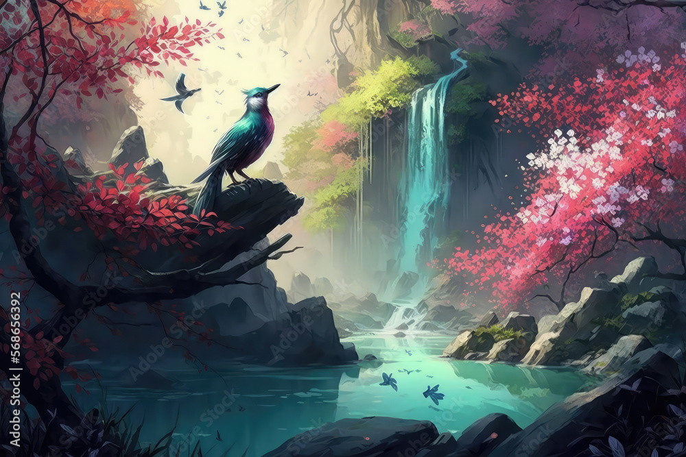 illustration painting of Oriental background, digital art. Illustration of a dawn mountain fantastic landscape with waterfalls and blooming sakura (ai generated) - obrazy, fototapety, plakaty 
