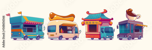 Set of street food trucks isolated on background. Vector contemporary illustration of ice cream, hot dog, asian cuisine, coffee and snacks vans. Restaurant on wheels. Meal delivery, catering service