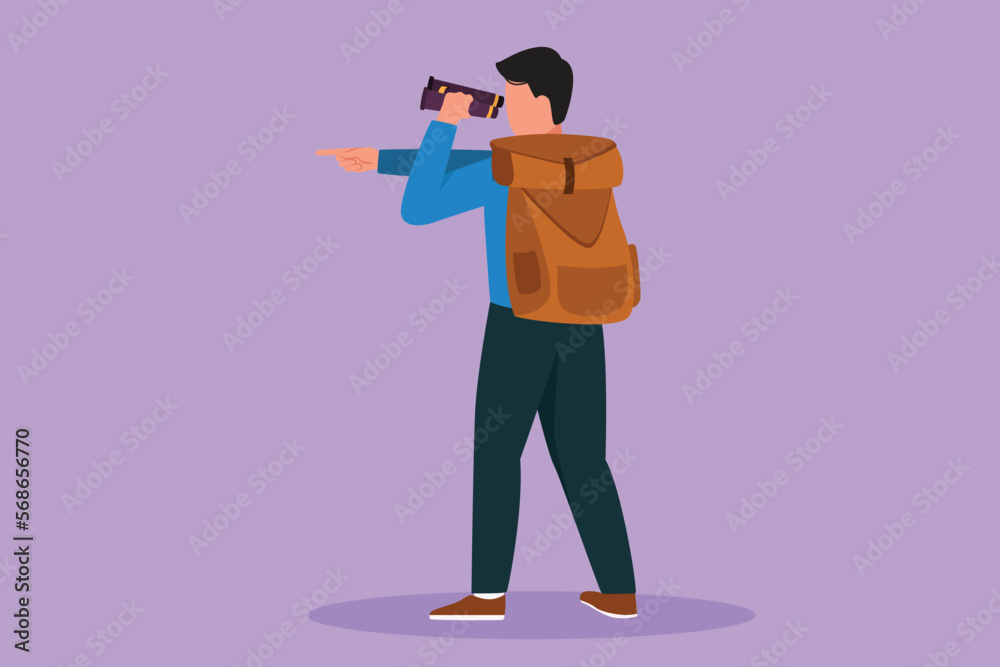 Character flat drawing male adventurer carrying backpack while looking through binoculars and pointing to somewhere. Exploration of mountainous or hilly landscapes. Cartoon design vector illustration