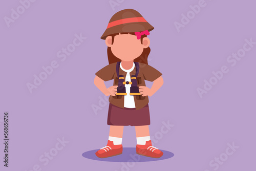 Character flat drawing beauty little girl scout wearing safari outfit complete with hat, carrying bag and draping binoculars. Cute kid adventurer learn about nature. Cartoon design vector illustration