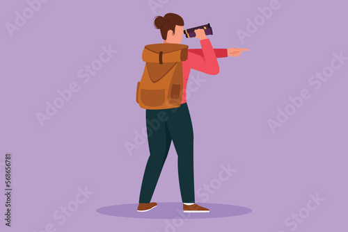 Graphic flat design drawing female adventurer carrying backpack, looking through binoculars and pointing to somewhere. Exploration of mountainous or hilly landscapes. Cartoon style vector illustration