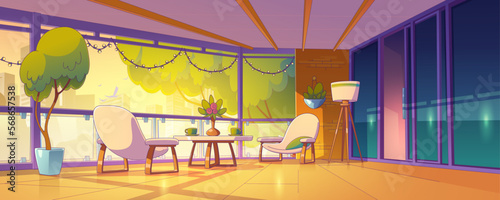 Empty home balcony interior with city and green tree view. Vector contemporary cartoon illustration, modern hotel or apartment terrace with furniture and light bulb garland, brick wall and glass door