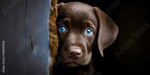 Sweet brown Labrador  a portrait of a baby dog behind a blue wall  generative AI