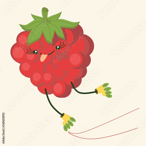 Funny raspberry is rollerblading. Fruits lead an active lifestyle. 
