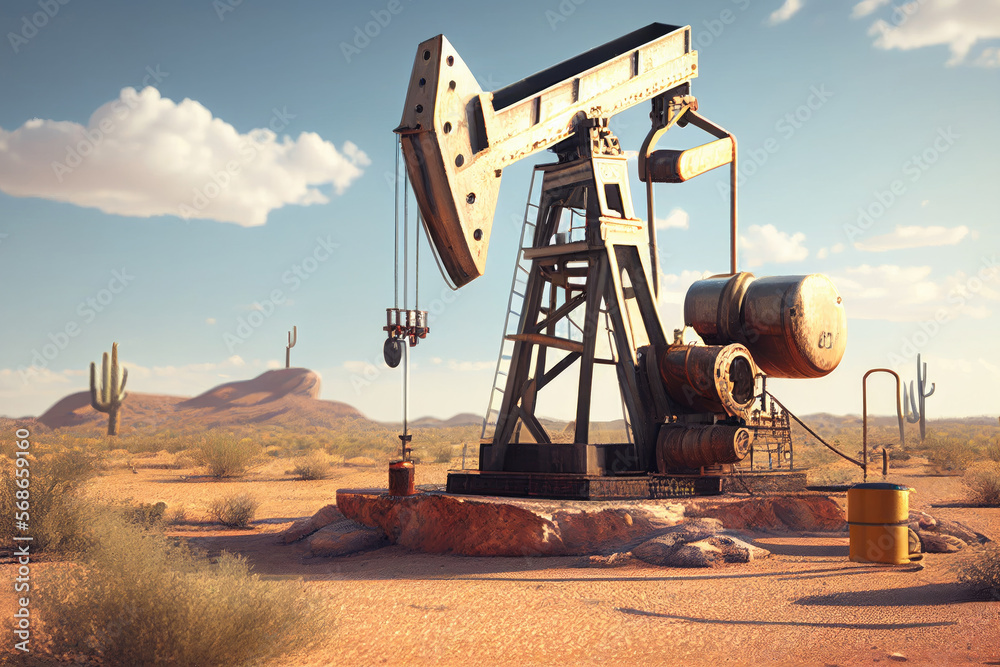 Pump oils drilling derricks in desert. Energy crisis in world concept. Oil production and fossil resources. Created with Generative AI Pump oils drilling derricks in desert. Energy crisis in world concept. Oil production and fossil resources. Created with Generative AI